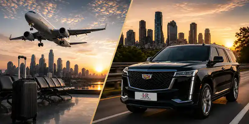 Split-screen travel comparison showing delayed regional flights versus luxury private SUV transportation between Houston and Texas cities, highlighting comfort, privacy, and reliable door-to-door travel.